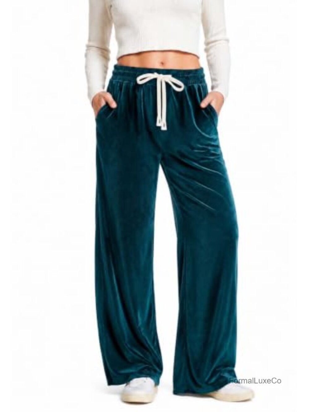 Wide Leg Velvet Palazzo Pants High Waist Lounge Trousers with Pockets